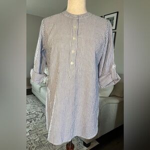 Madison Mathews Diane Seersucker Preppy Striped Tunic Top Size XS Tab Sleeves